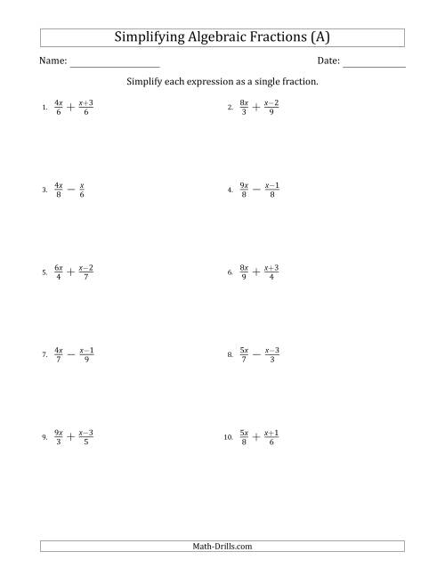 The Simplifying Simple Algebraic Fractions (Easier) (A) Math Worksheet