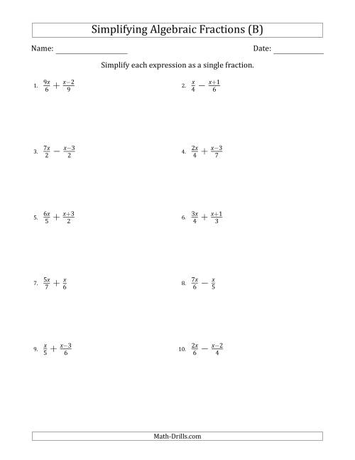 The Simplifying Simple Algebraic Fractions (Easier) (B) Math Worksheet