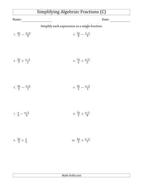The Simplifying Simple Algebraic Fractions (Easier) (C) Math Worksheet