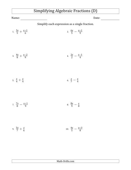 The Simplifying Simple Algebraic Fractions (Easier) (D) Math Worksheet