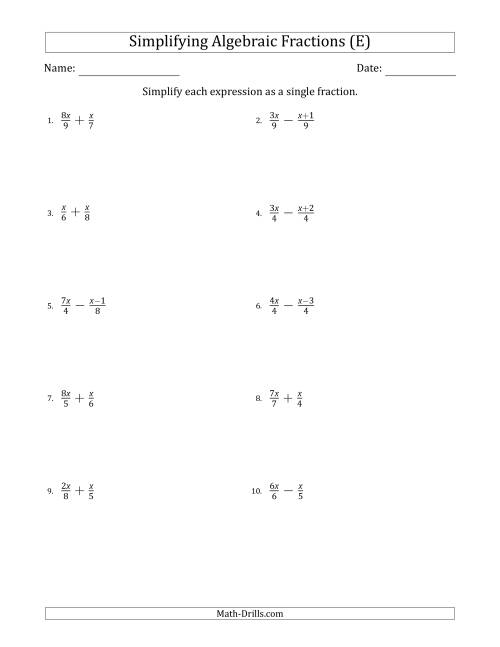 The Simplifying Simple Algebraic Fractions (Easier) (E) Math Worksheet
