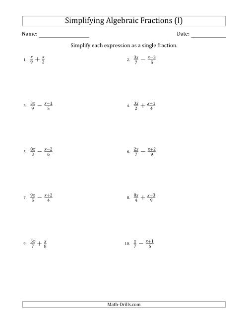 The Simplifying Simple Algebraic Fractions (Easier) (I) Math Worksheet