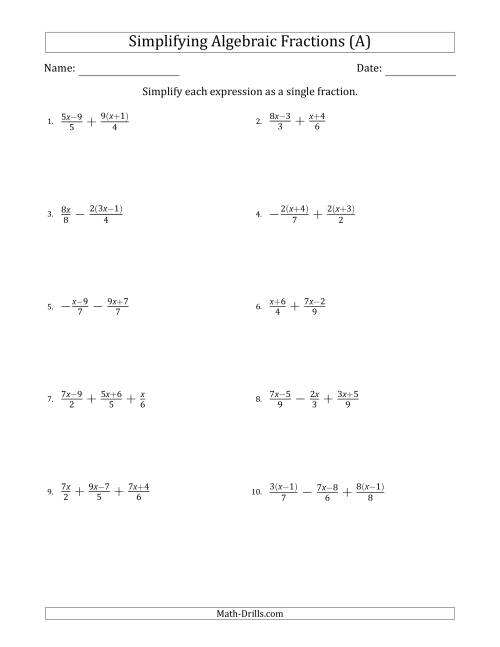 The Simplifying Simple Algebraic Fractions (Harder) (A) Math Worksheet