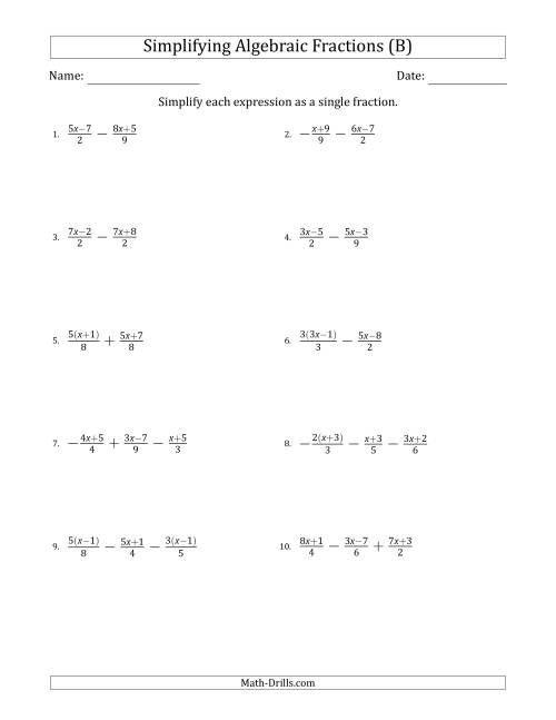 The Simplifying Simple Algebraic Fractions (Harder) (B) Math Worksheet
