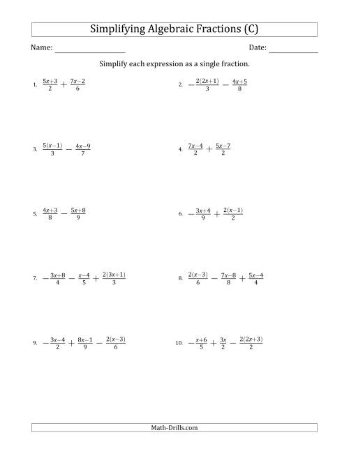 The Simplifying Simple Algebraic Fractions (Harder) (C) Math Worksheet