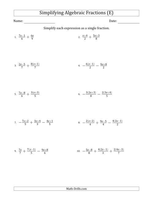 The Simplifying Simple Algebraic Fractions (Harder) (E) Math Worksheet