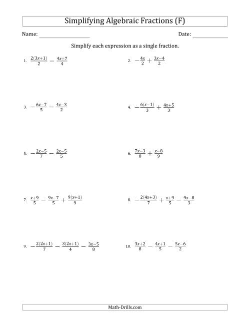 The Simplifying Simple Algebraic Fractions (Harder) (F) Math Worksheet