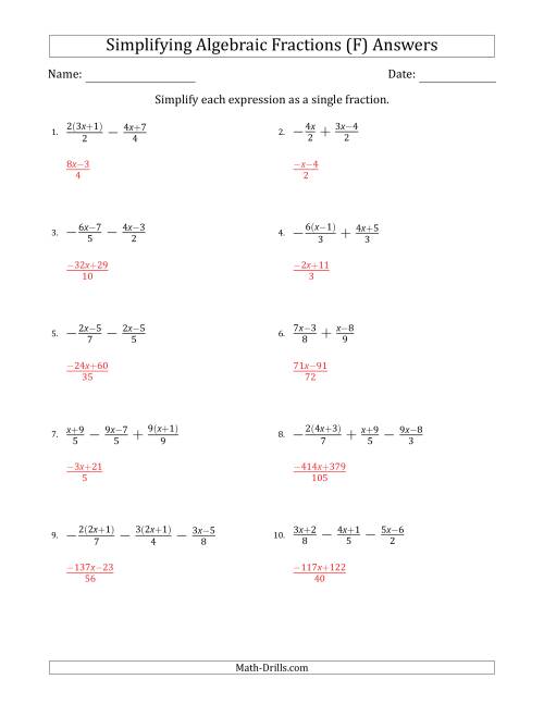 The Simplifying Simple Algebraic Fractions (Harder) (F) Math Worksheet Page 2
