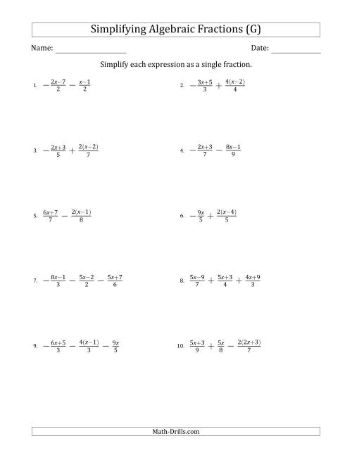 The Simplifying Simple Algebraic Fractions (Harder) (G) Math Worksheet