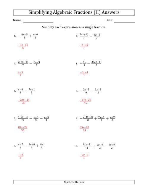 The Simplifying Simple Algebraic Fractions (Harder) (H) Math Worksheet Page 2