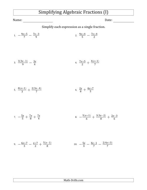 The Simplifying Simple Algebraic Fractions (Harder) (I) Math Worksheet