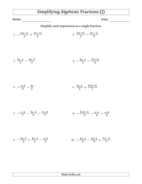 The Simplifying Simple Algebraic Fractions (Harder) (J) Math Worksheet