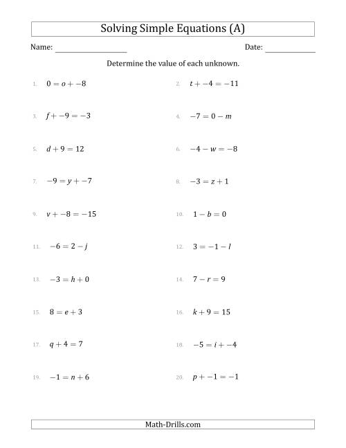 The Solving Simple Linear Equations with Unknown Values Between -9 and 9 and Variables on the Left or Right Side (A) Math Worksheet