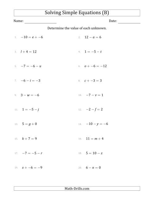 The Solving Simple Linear Equations with Unknown Values Between -9 and 9 and Variables on the Left or Right Side (B) Math Worksheet