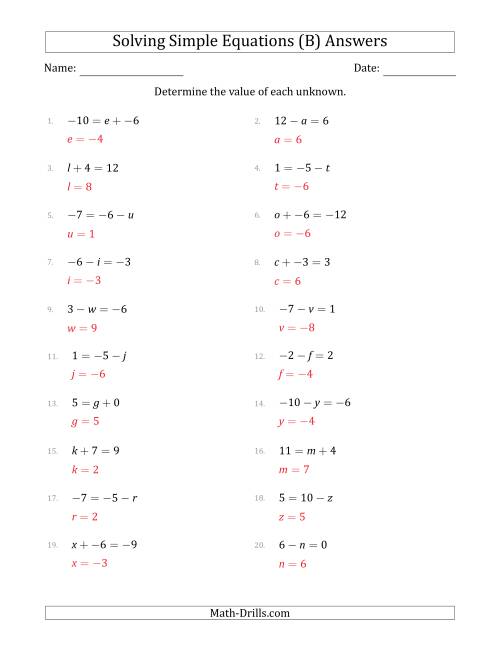 The Solving Simple Linear Equations with Unknown Values Between -9 and 9 and Variables on the Left or Right Side (B) Math Worksheet Page 2
