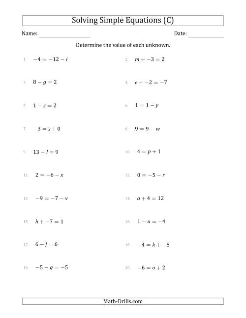 The Solving Simple Linear Equations with Unknown Values Between -9 and 9 and Variables on the Left or Right Side (C) Math Worksheet