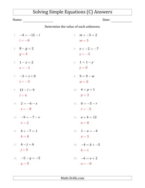 The Solving Simple Linear Equations with Unknown Values Between -9 and 9 and Variables on the Left or Right Side (C) Math Worksheet Page 2