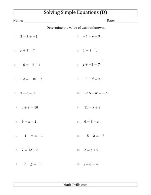 The Solving Simple Linear Equations with Unknown Values Between -9 and 9 and Variables on the Left or Right Side (D) Math Worksheet