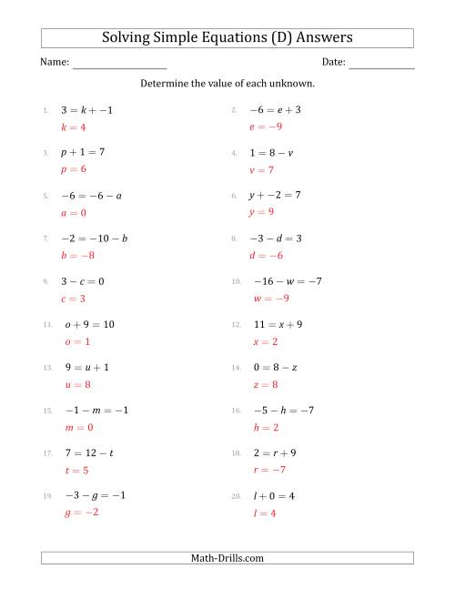 The Solving Simple Linear Equations with Unknown Values Between -9 and 9 and Variables on the Left or Right Side (D) Math Worksheet Page 2