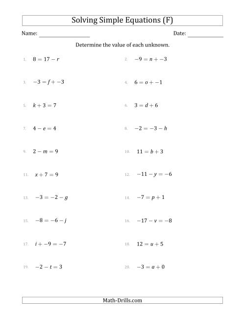 The Solving Simple Linear Equations with Unknown Values Between -9 and 9 and Variables on the Left or Right Side (F) Math Worksheet