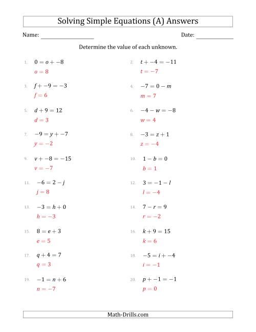 The Solving Simple Linear Equations with Unknown Values Between -9 and 9 and Variables on the Left or Right Side (All) Math Worksheet Page 2