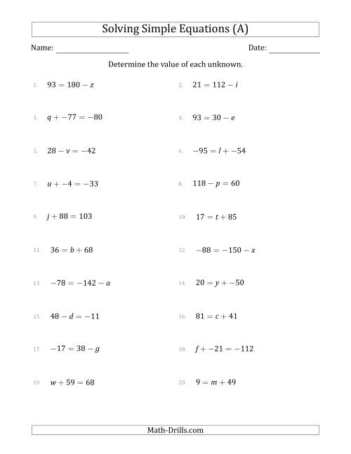 The Solving Simple Linear Equations with Unknown Values Between -99 and 99 and Variables on the Left or Right Side (A) Math Worksheet