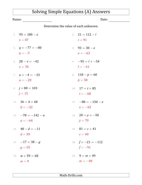 The Solving Simple Linear Equations with Unknown Values Between -99 and 99 and Variables on the Left or Right Side (A) Math Worksheet Page 2