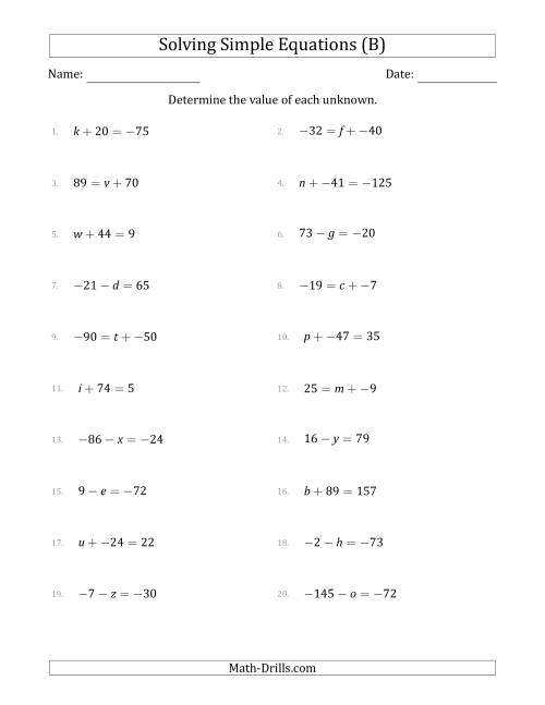 The Solving Simple Linear Equations with Unknown Values Between -99 and 99 and Variables on the Left or Right Side (B) Math Worksheet