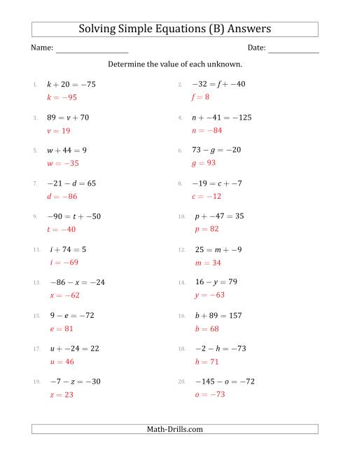 The Solving Simple Linear Equations with Unknown Values Between -99 and 99 and Variables on the Left or Right Side (B) Math Worksheet Page 2