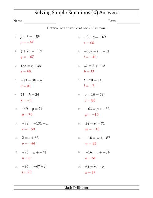 The Solving Simple Linear Equations with Unknown Values Between -99 and 99 and Variables on the Left or Right Side (C) Math Worksheet Page 2