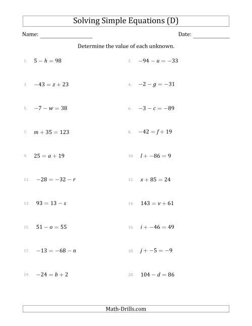 The Solving Simple Linear Equations with Unknown Values Between -99 and 99 and Variables on the Left or Right Side (D) Math Worksheet