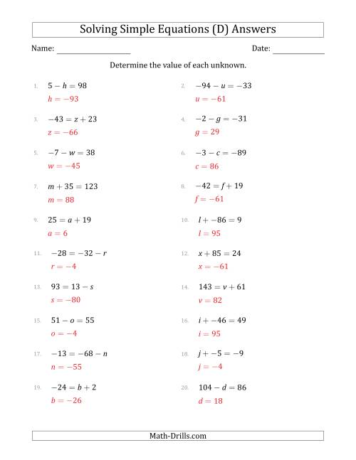 The Solving Simple Linear Equations with Unknown Values Between -99 and 99 and Variables on the Left or Right Side (D) Math Worksheet Page 2