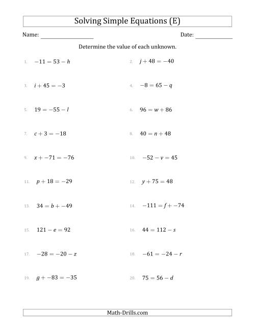 The Solving Simple Linear Equations with Unknown Values Between -99 and 99 and Variables on the Left or Right Side (E) Math Worksheet