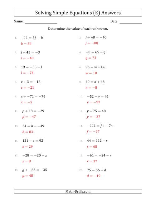 The Solving Simple Linear Equations with Unknown Values Between -99 and 99 and Variables on the Left or Right Side (E) Math Worksheet Page 2