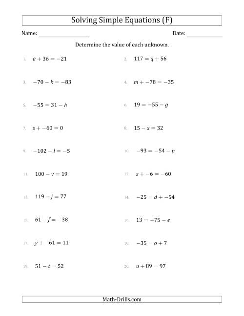 The Solving Simple Linear Equations with Unknown Values Between -99 and 99 and Variables on the Left or Right Side (F) Math Worksheet