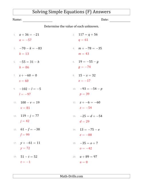 The Solving Simple Linear Equations with Unknown Values Between -99 and 99 and Variables on the Left or Right Side (F) Math Worksheet Page 2