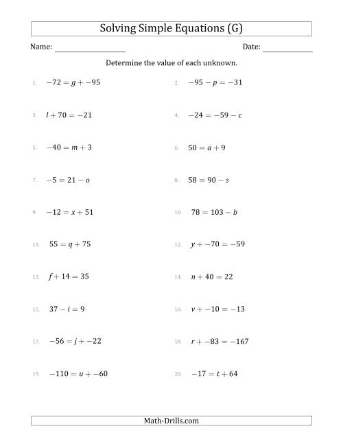The Solving Simple Linear Equations with Unknown Values Between -99 and 99 and Variables on the Left or Right Side (G) Math Worksheet
