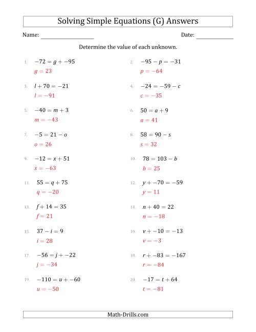 The Solving Simple Linear Equations with Unknown Values Between -99 and 99 and Variables on the Left or Right Side (G) Math Worksheet Page 2