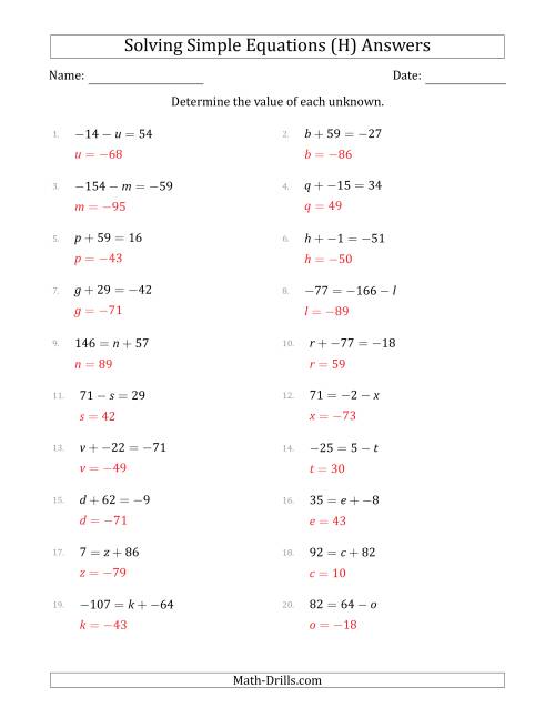 The Solving Simple Linear Equations with Unknown Values Between -99 and 99 and Variables on the Left or Right Side (H) Math Worksheet Page 2