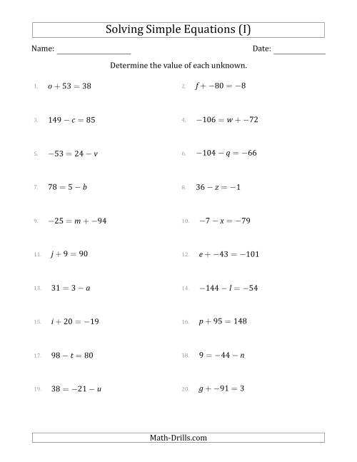 The Solving Simple Linear Equations with Unknown Values Between -99 and 99 and Variables on the Left or Right Side (I) Math Worksheet