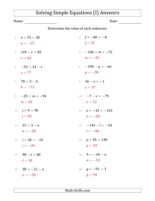 The Solving Simple Linear Equations with Unknown Values Between -99 and 99 and Variables on the Left or Right Side (I) Math Worksheet Page 2