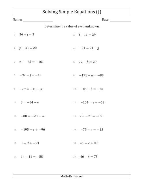 The Solving Simple Linear Equations with Unknown Values Between -99 and 99 and Variables on the Left or Right Side (J) Math Worksheet