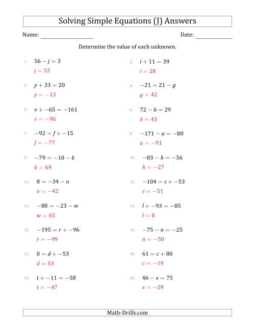 The Solving Simple Linear Equations with Unknown Values Between -99 and 99 and Variables on the Left or Right Side (J) Math Worksheet Page 2