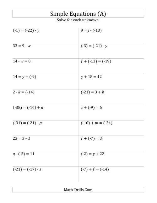 The Solve One Step Equations with Larger Values (Old) Math Worksheet