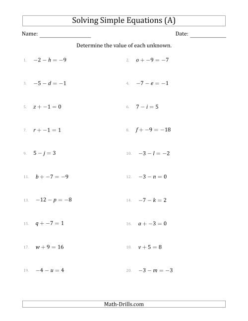 The Solving Simple Linear Equations with Unknown Values Between -9 and 9 and Variables on the Left Side (A) Math Worksheet