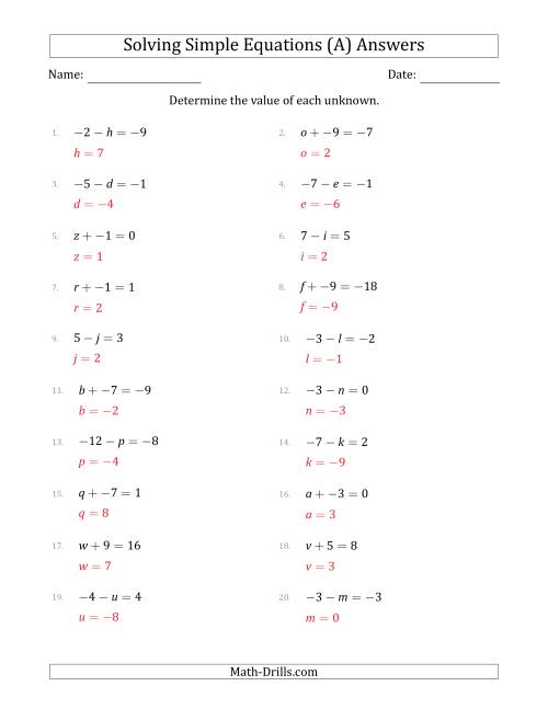 The Solving Simple Linear Equations with Unknown Values Between -9 and 9 and Variables on the Left Side (A) Math Worksheet Page 2