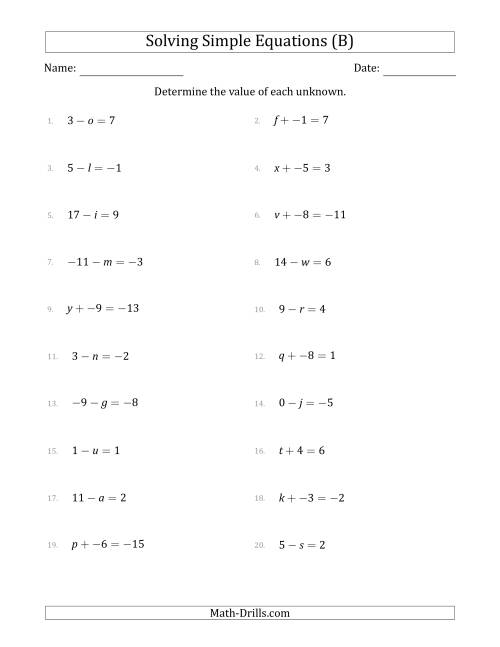 The Solving Simple Linear Equations with Unknown Values Between -9 and 9 and Variables on the Left Side (B) Math Worksheet