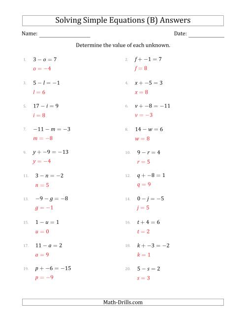 The Solving Simple Linear Equations with Unknown Values Between -9 and 9 and Variables on the Left Side (B) Math Worksheet Page 2