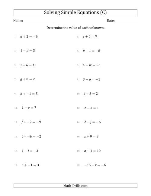 The Solving Simple Linear Equations with Unknown Values Between -9 and 9 and Variables on the Left Side (C) Math Worksheet