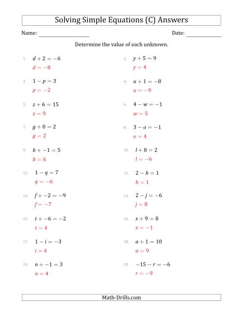 The Solving Simple Linear Equations with Unknown Values Between -9 and 9 and Variables on the Left Side (C) Math Worksheet Page 2